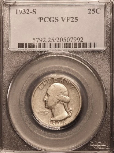 1932 S WASHINGTON QUARTER - LOW MINTAGE 408,000 COINS - PCGS VF25