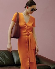 NWT $325 Toccin Agnes Rib-Knit Tie-Waist Midi-Dress in Mango L