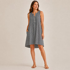 Quince Linen Swing Dress Women L Black White Gingham Sleeveless NWT Pockets