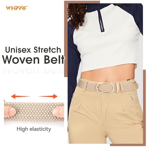 WHIPPY Braided Woven Stretch Belt M: Fit Waist 33-37Inches A-beige-gold Buckle - Picture 2 of 5