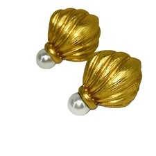 Julie Vos Retired 24K GP Pearl Shell Shaped Earrings Gilded Pearl Accent Studded