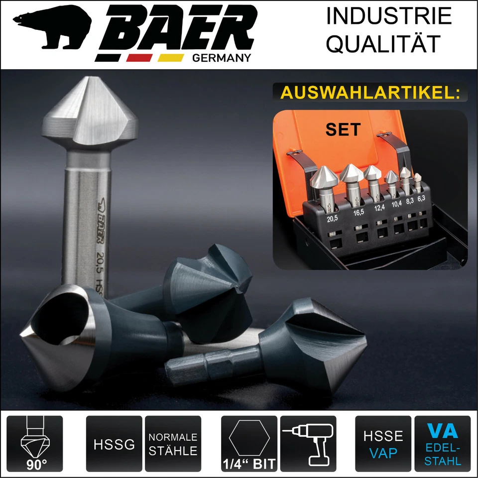 BAER GERMANY Kegelsenker DIN 335 Kegelsenker-Set Senker 90 Grad HSS/HSSEVA Entgratsenker