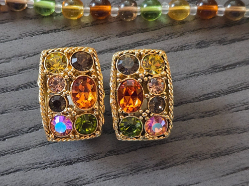 Multi Color Rhinestone Clip Earrings (Joan Rivers) Matching 42" Beaded Necklace - Picture 2 of 4