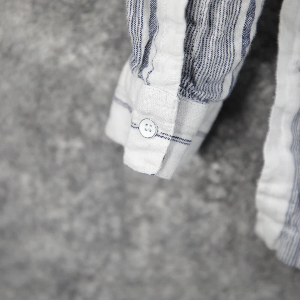 Camisa Athleta Mujer Pequeña Blanca Azul Rayas Todo Lino Alta Baja Novio Lagenlook Foto 4 de 4