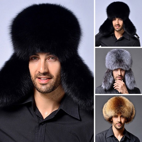 Mens Winter Faux Fox Fur Russian Hat 