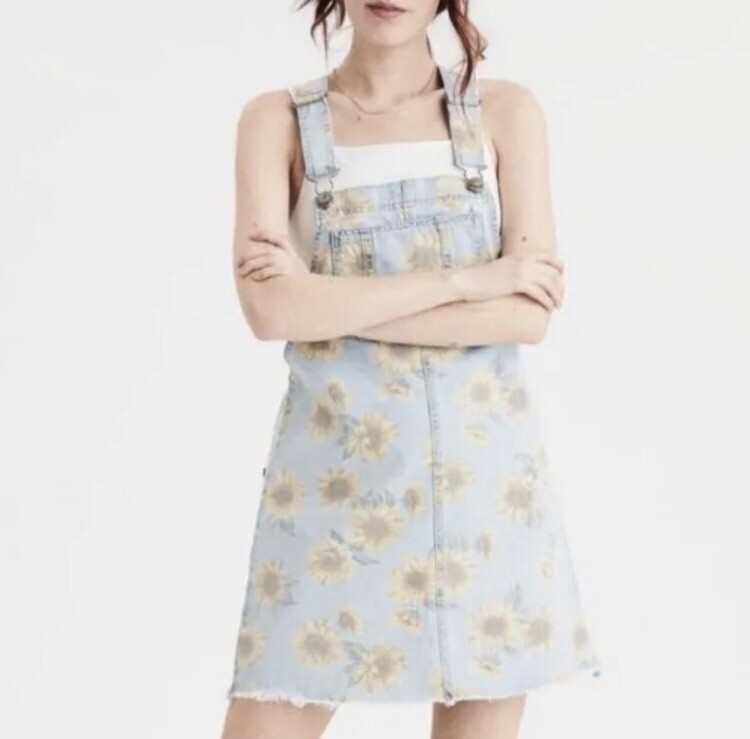 AMERICAN EAGLE Dress XS Sunflowers Overall Skirt Denim Jean Retro