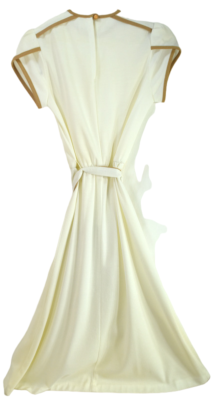 cream swing dress Vintage Lightweight Swing Dress Womens XS-S Cream with Brown Trim Tie Belt  EUC