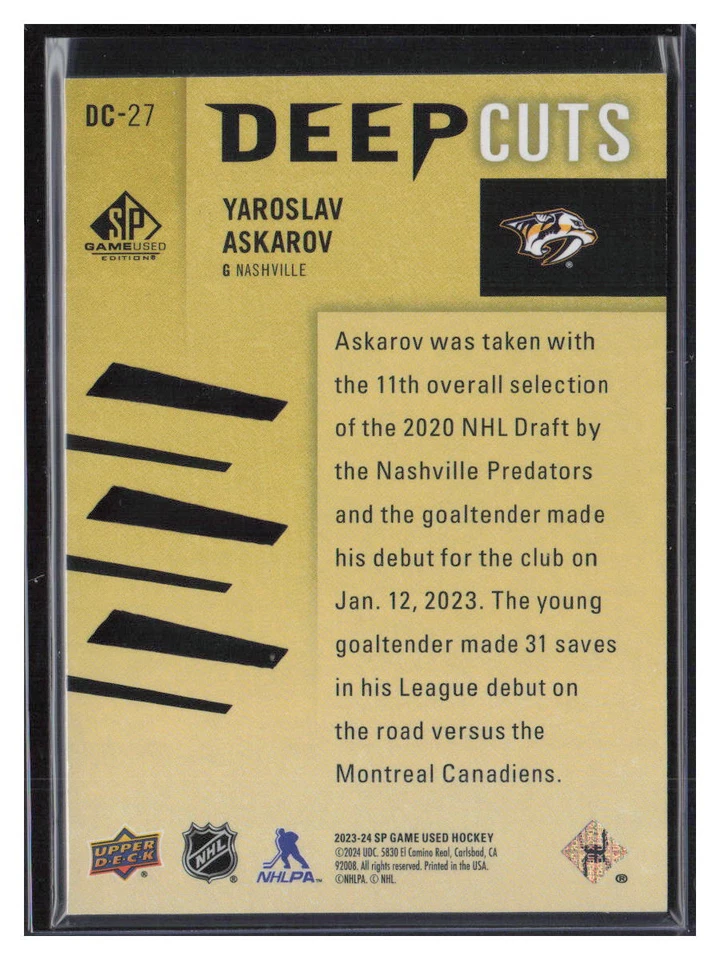 Yaroslav Askarov 2023-24 SP Game Used Deep Cuts /250 #DC-27 Nashville Predators - Image 2 of 2
