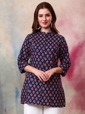 Indian Women BEAUTIFUL Pure Cotton Blue Floral Printed Kurta Kurti Top Tunic