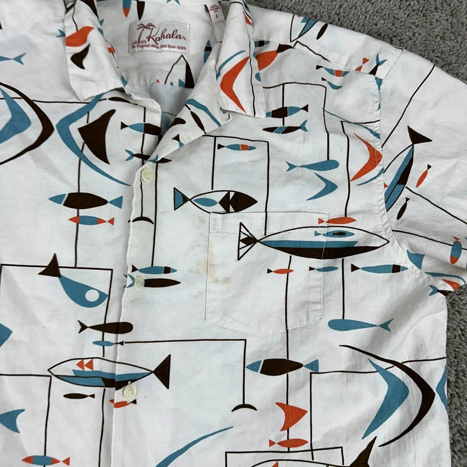 Camisa Kahala Para Hombres Grande Blanca Azul Post Moderna Hawaiana Informal Campamento Abotonada Foto 3 de 4