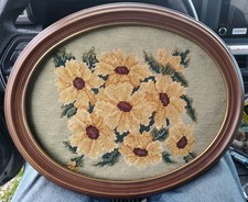 BEAUTIFUL YELLOW PETUNIAS FRAMED OVAL NEEDLEPOINT GREAT CRAFTSMANSHIP 16X 13 INC