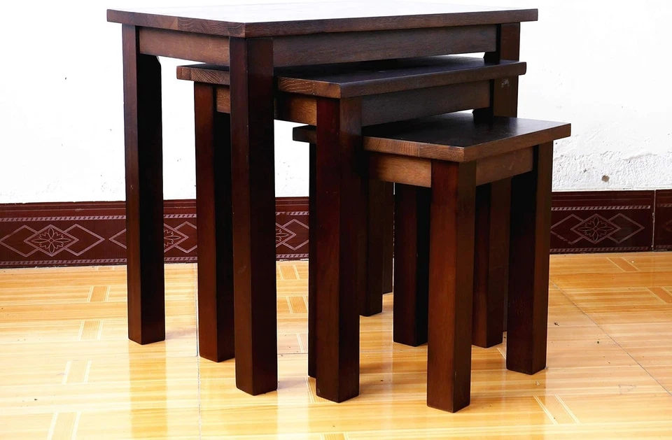 3 Nesting Coffee Tables Set Walnut Oak Wood Rectangular Living Room Side End - Image 3 of 4