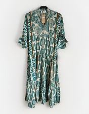 INDA DESIGN Teal Green, Bronze and Cream Patterned 80% Silk Midi Dress Free Size
