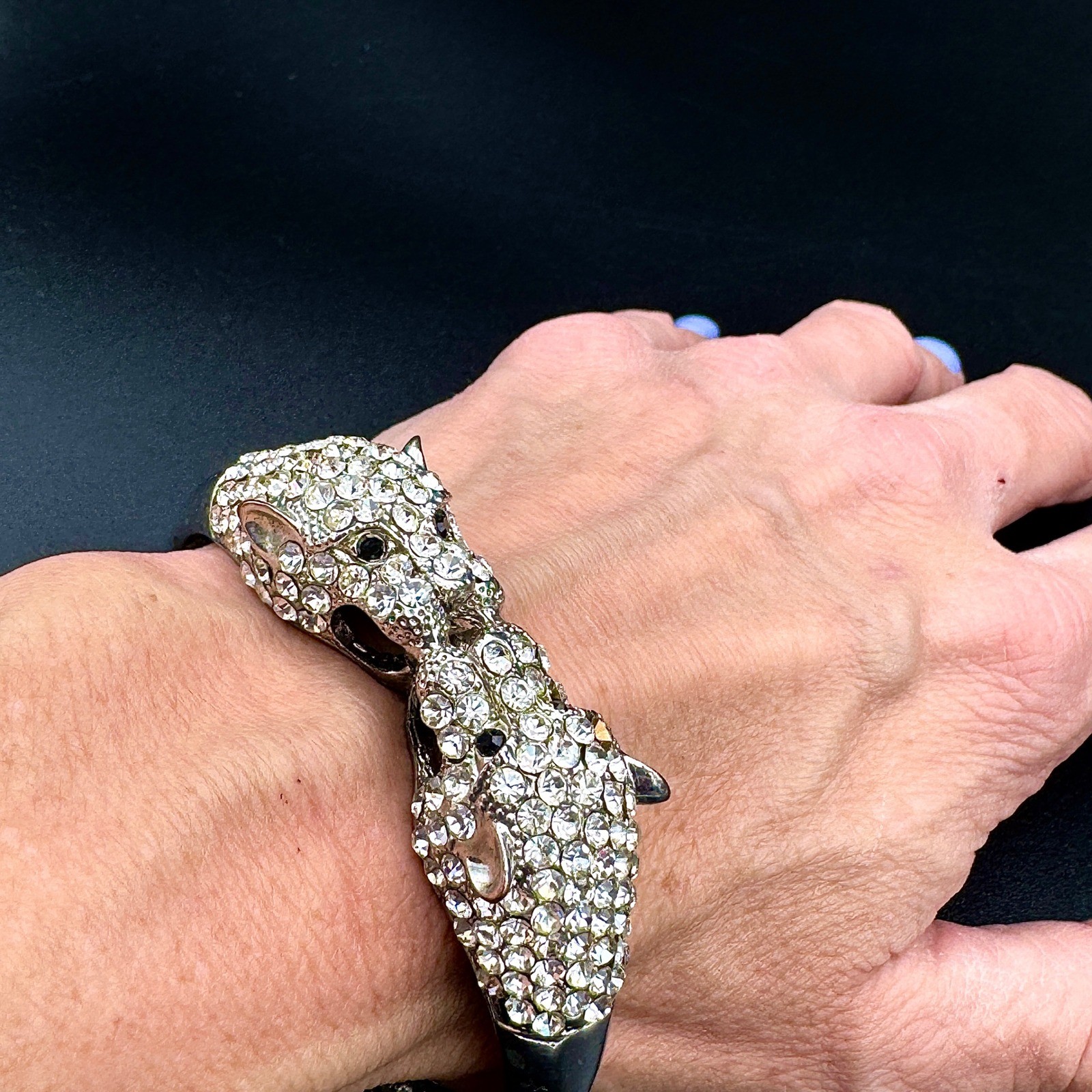 Double Leopard Head Rhinestone Statement Bracelet… - image 3