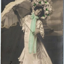 c1900s Girl Umbrella RPPC Fashion Hand Colored Sash Parasol Flower Hat Studio A5
