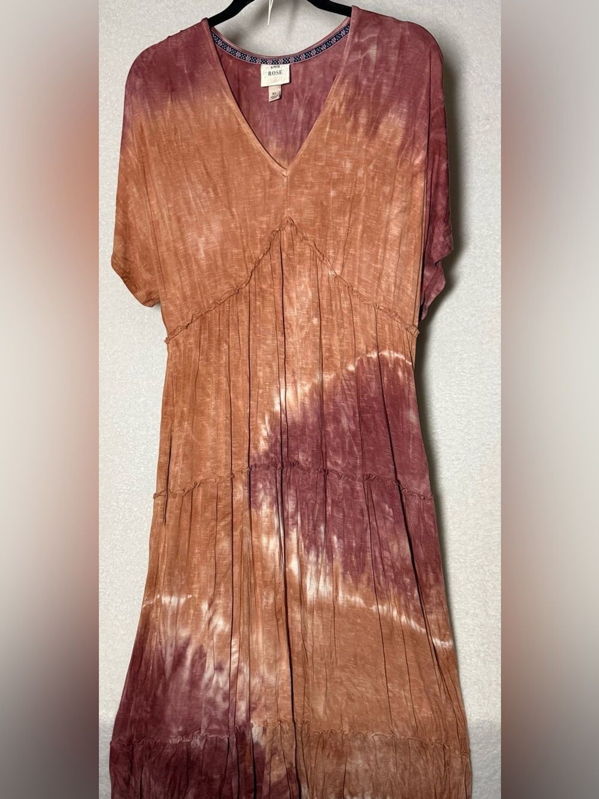 Knox Rose Tie-Dye V-Neck Boho  Dress in Rust and Mauve- Size XL