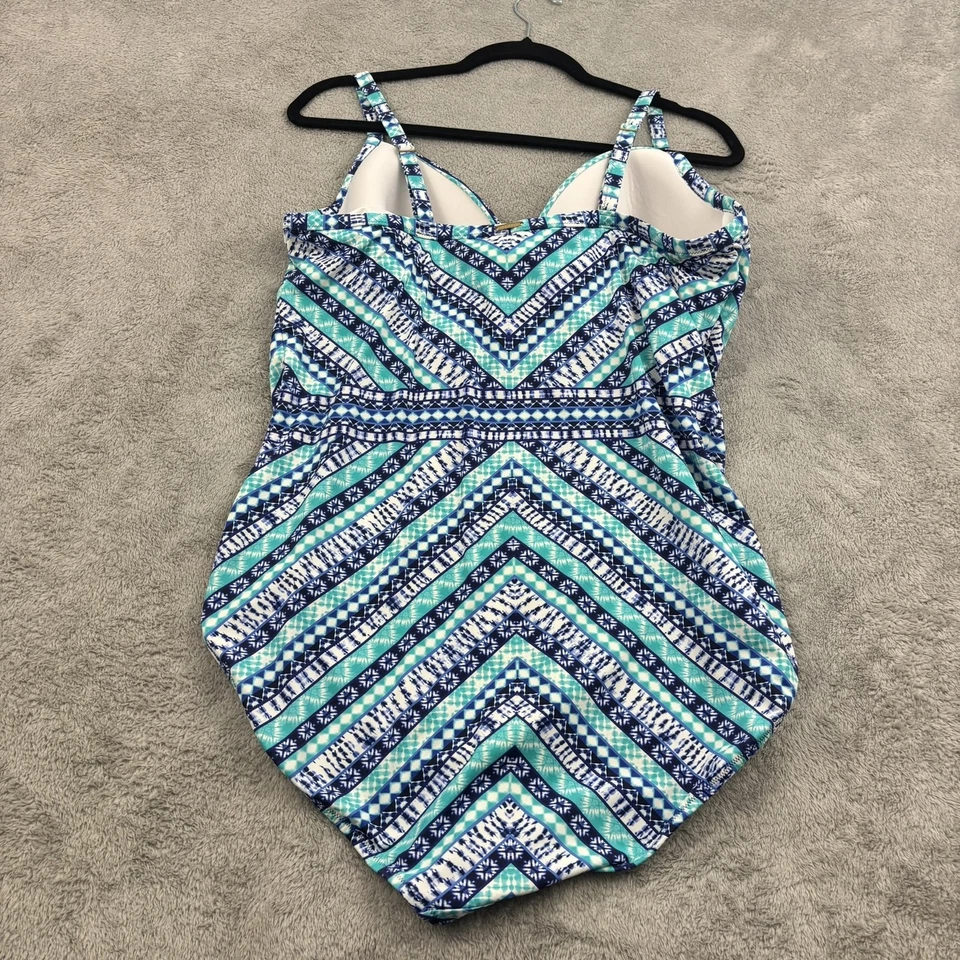 Lands' End One Piece Swimsuit Womens 18L Blue Green Geometric Print Built In Bra - Image 3 of 4