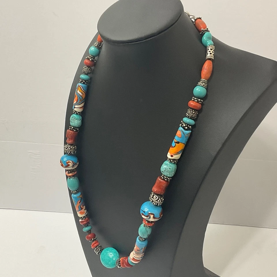 Vtg Turquoise Coral Ceramic & Sterling Silver Beaded Necklace Ethnic Boho 25” - Image 3 of 4