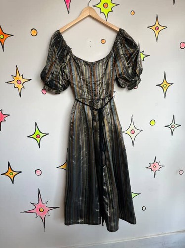Vintage 80s Silver & Gold Poofy Princess Party Glam Prom Dress w Velvet Belt – S - Picture 5 of 11