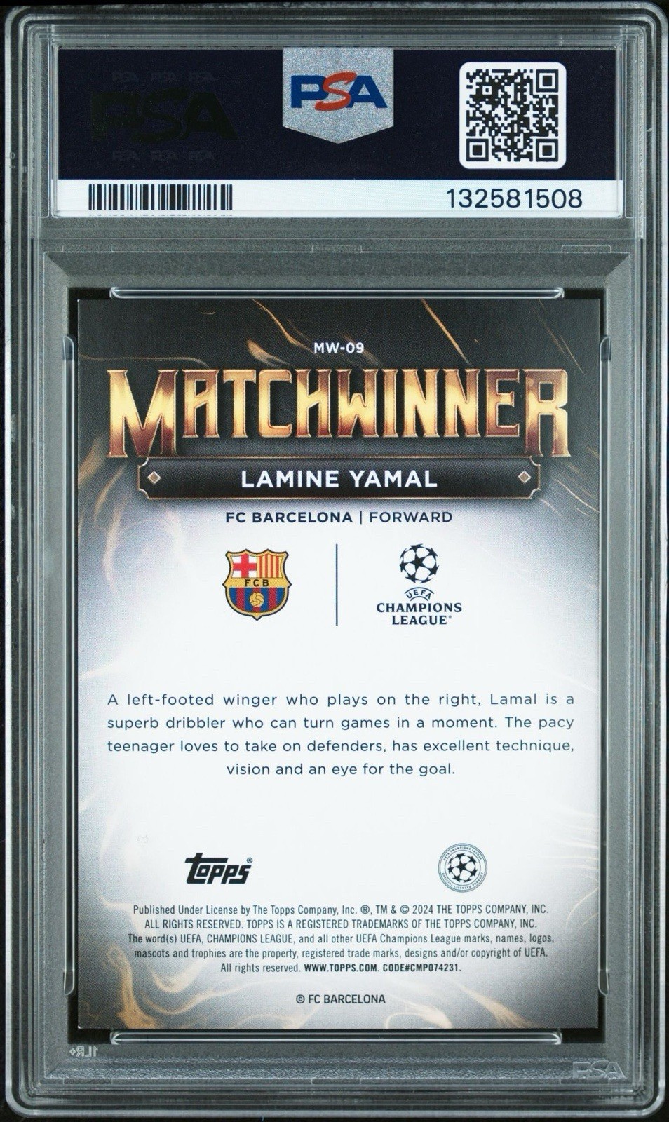 2023-24 Topps UEFA Lamine Yamal Superstar Matchwinner RC Rookie PSA 8 Barcelona view 2