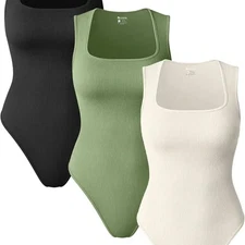 OQQ Ribbed Bodysuit Trio in Black, Green, and Cream - Size M