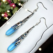 Long Sea Glass Teardrop Earrings In Aqua Blue with Sterling Silver Ear Wires