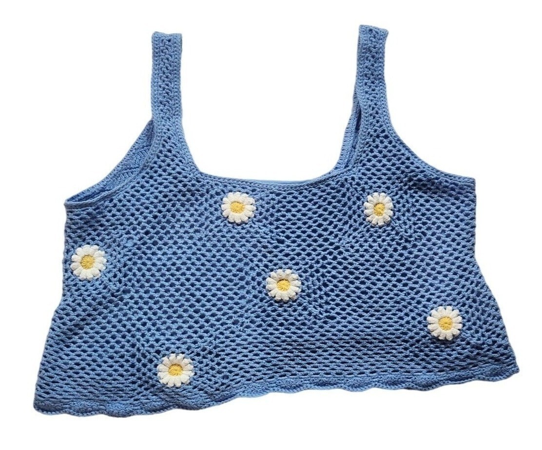 Hollister Crochet Top Women’s Large Daisy Blue Lined Cropped Knit