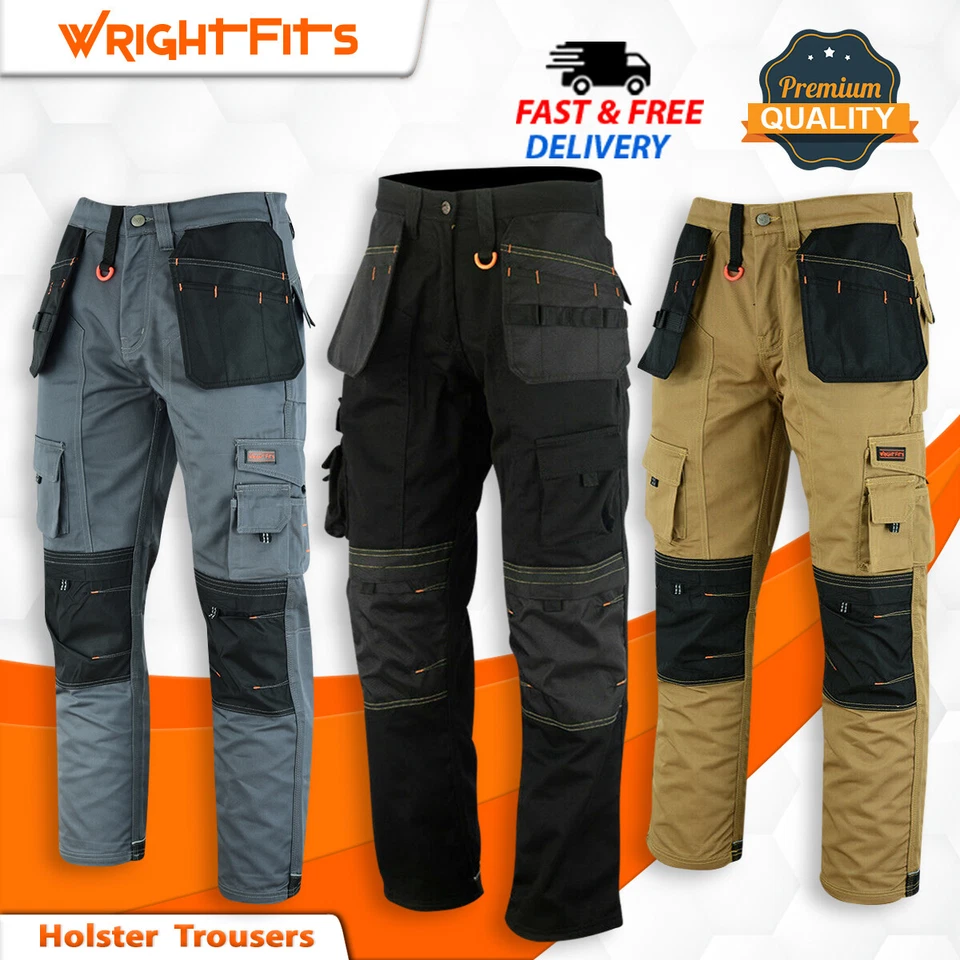 WrightFits Cargo Work Trousers Men Heavy Duty Knee Pads Pockets Workwear Black
