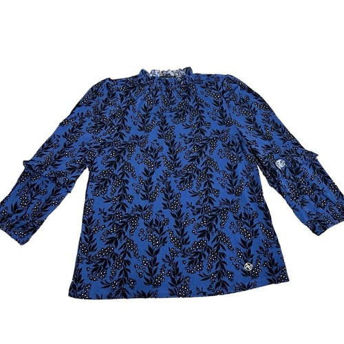 New Adrienne Vittadini Pullover Blouse Medium High Neck Floral Blue Black - Picture 9 of 12