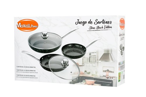 JUEGO DE 3 SARTENES 2 TAPAS COLOR NEGRO PIEDRA APTO PARA HORNO MANGO ACERO - Imagen 4 de 4