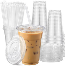 100Pack, 16 Oz Plastic Cups with Lids and Straws, Disposable Clear Plastic Cu...