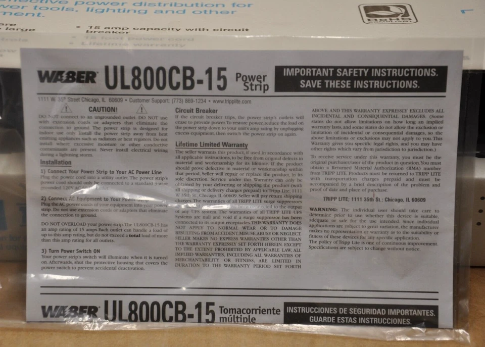 Tripp Lite UL800CB-15 10-Outlet 120 V AC Power Strip - Image 3 of 4