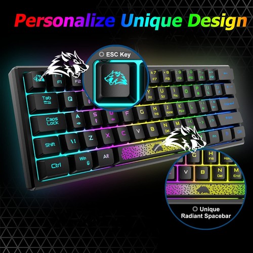60% Wired Compact Gaming Keyboard, RGB LED Backlit Mechanical Feel For PC Laptop - Picture 2 of 37
