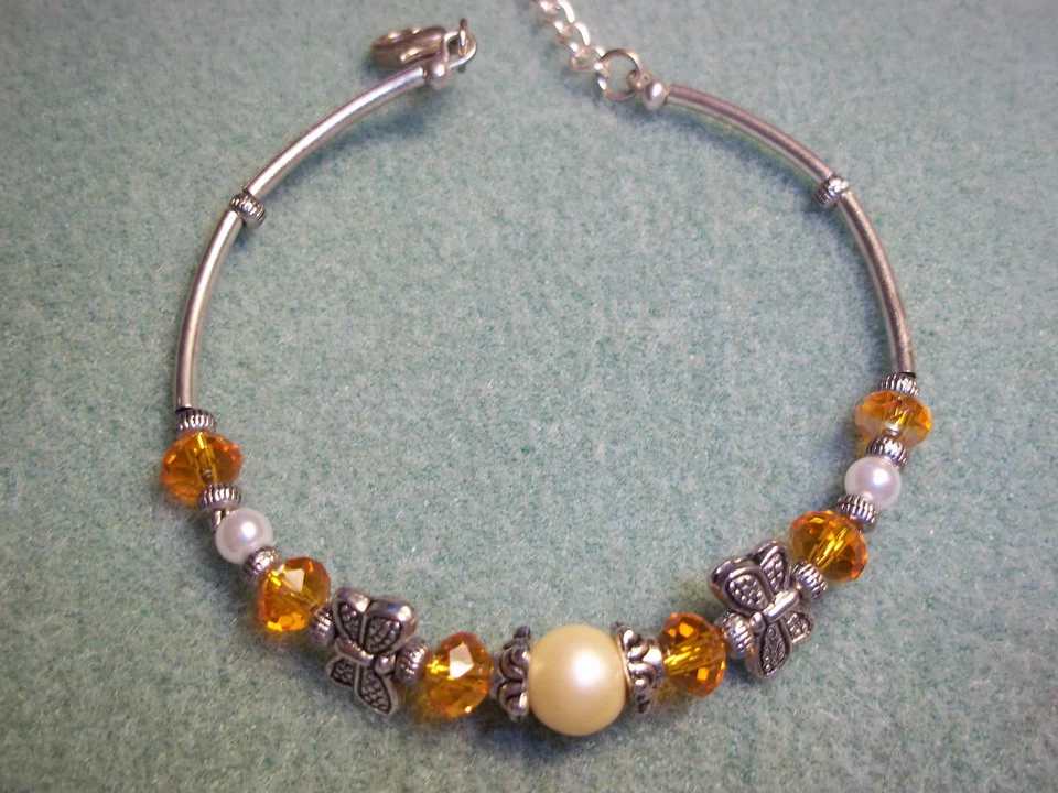 Pulsera Tibetana Plata Moda Amarillo Vidrio Perla y NARANJA Cristal Cuentas J-50 Foto 3 de 4