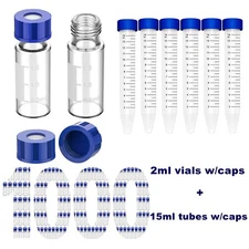LAB 15mL Centrifuge Tubes Caps + 2mL Autosampler Clear Vials Pre-slit Screw Caps