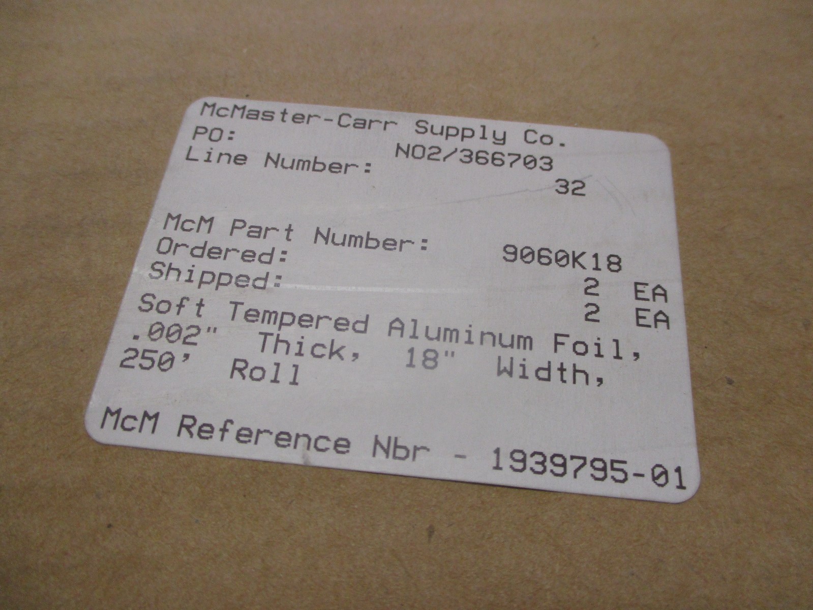 McMasterCarr 9060K185 New, Open Box Soft 250ft Tempered Aluminum Foil