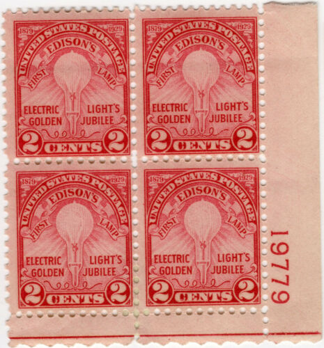 Scott #655 Edison's First Light Plate Block of 4 Stamps - MH P#19779 - Picture 1 of 2