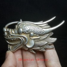 3.5 Inch Old Chinese Tibet Silver Carving Dragon Statue Belt Button Collection