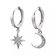 ZARD Huggie Hoop Earrings with Crescent Moon and Star Charm in Silver Plating