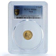 Moneda de oro Perú 5 soles oro República KM-235 Libertad Sentada MS 66 PCGS 1963