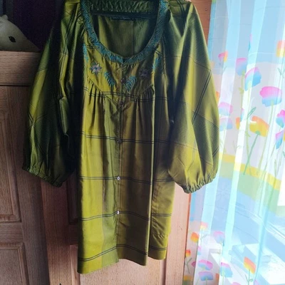 Gudrun Sjöden Damen Bluse Tunika Grün Kariert Geblümt Bestickt Seide L 42/44 - Bild 1 von 4