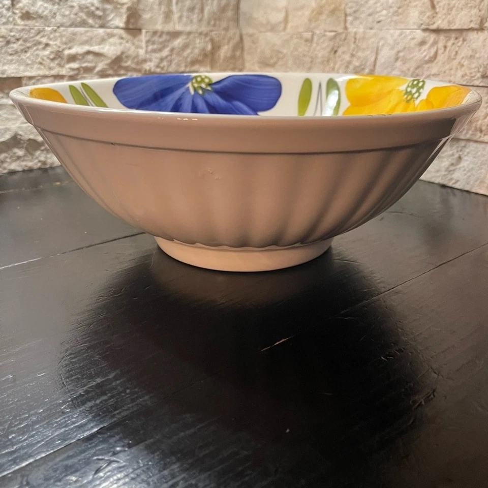 "Cuenco mezclador Madam pintado a mano hecho en Italia margarita floral amarillo azul 12"" de colección" Foto 2 de 4