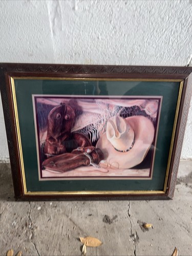Vintage Home Interiors Linda Wacaster Cowboy Boots And Hat Framed Artwork...