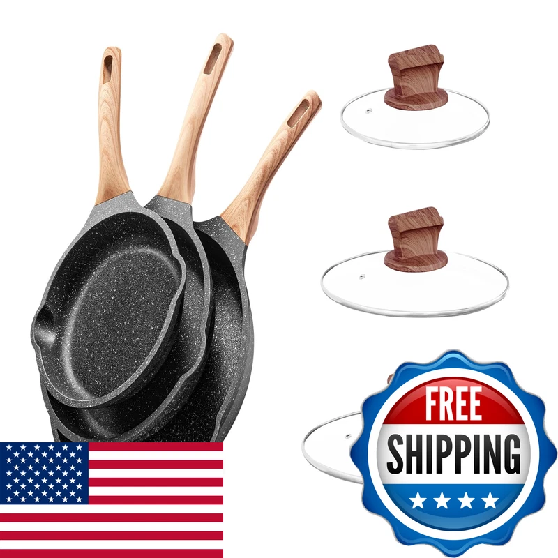 Yiifeeo Non Stick Frying Pan Set Lids Granite Skillet Set Egg Omelette Pans For