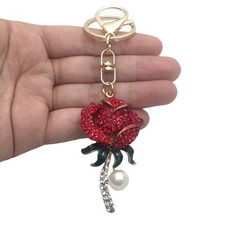 Women's Red Rhinestone Faux Pearl Enamel Rose Flower Leaf Keychain Key Ring