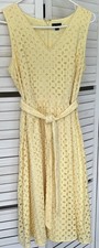 Misses Ann Taylor Yellow Sleeveless V-neck Dress With Eyelet Pattern And Belt.