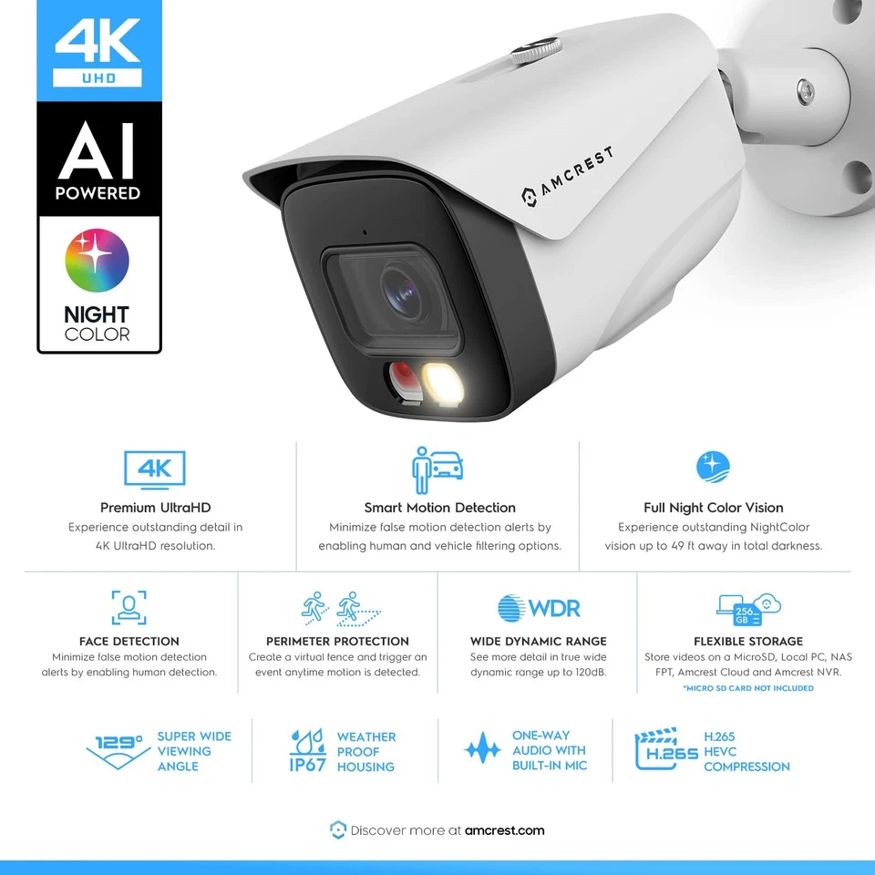 UltraHD 4K (8MP) IP PoE AI Camera, FOV 129°, 49ft Color Nightvision, Security... - Image 2 of 4