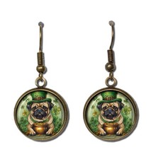 St. Patrick's Day Pugs with Pot of Gold - Handmade Round Resin Dangling Earrings