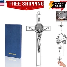 White Enamel Crucifix Wall Cross–Saint Benedict Metal Wall Art–Cross Give Ble...
