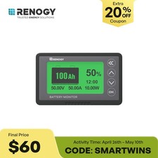 Renogy 500A Battery Monitor with Shunt, High and Low Voltage Programmable Alarm